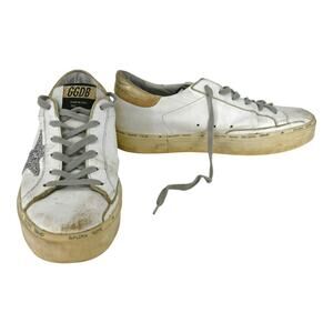 Golden Goose Distressed White Leather Silver Glitter Hi-Star Sneakers Size 40